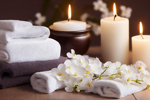 Photo table de massage de composition de spa relaxant naturel dans un centre de bien-être avec des serviettes sel de fleurs de jasmin