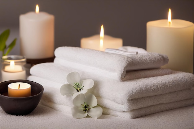 Table de massage de composition de spa relaxant naturel dans un centre de bien-être avec des serviettes sel de fleurs de jasmin