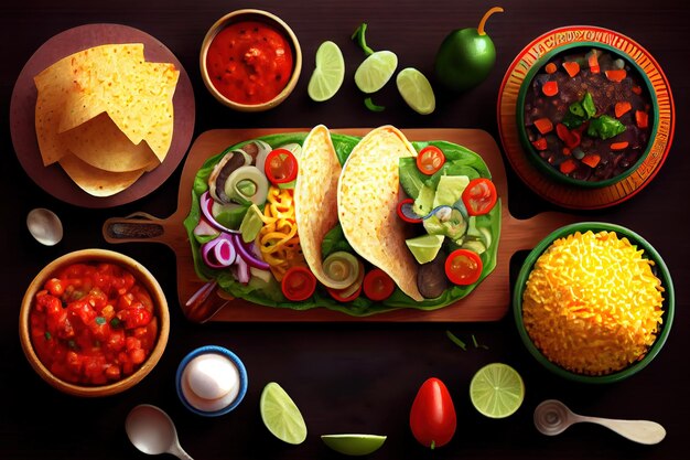 Table mexicaine Taco Guacamole Fajita Salsa sauce Generative Ai