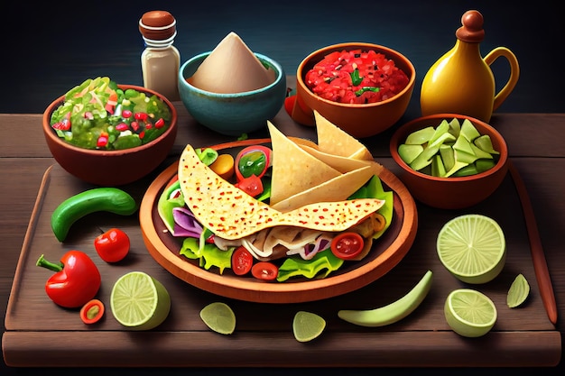 Table mexicaine Taco Guacamole Fajita Salsa sauce Generative Ai