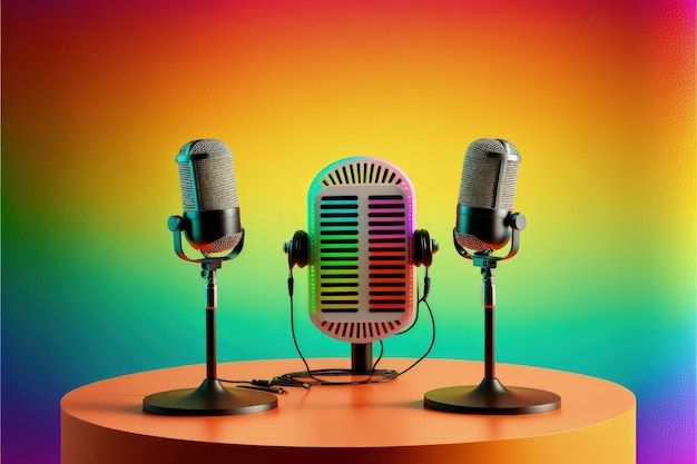 Table avec des microphones sur fond d'arc-en-ciel concept de podcast AI