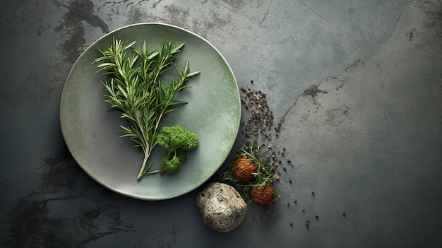 Table minimaliste sur une surface grise texturée, plaque de céramique ronde, fourchette argentée et un tas de feuilles de sauge fraîches