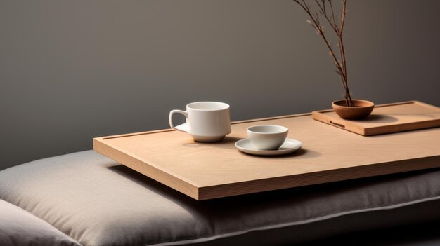 Photo table minimaliste avec tasse et plateau de tasse scène inspirée du zen