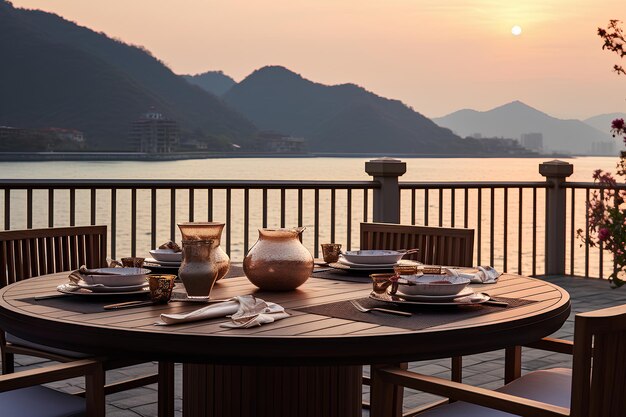 Une table mise au bord de l'eau au coucher du soleil