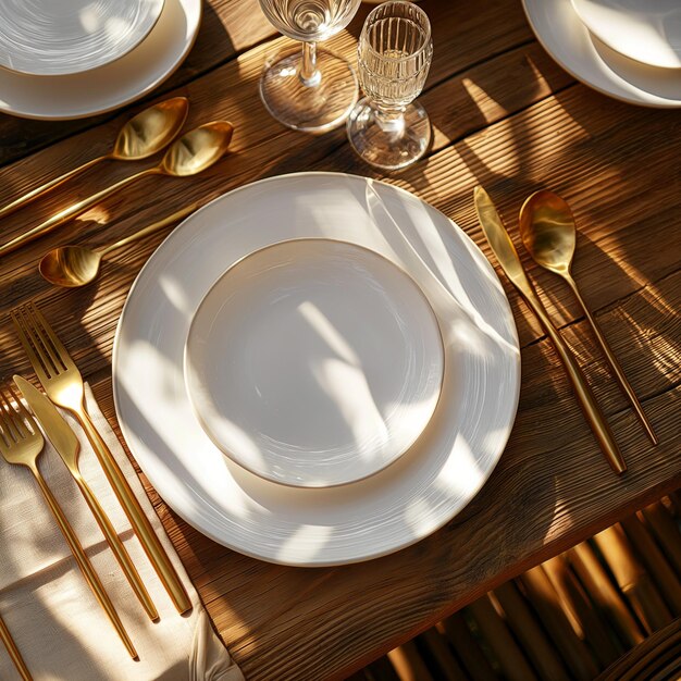 Table mise en place avec assiette blanche vide et couverts vue supérieure