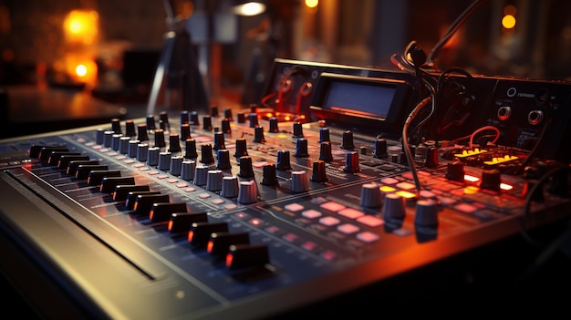 Table de mixage DJ dans une boîte de nuit gros plan faible profondeur de champ génératif ai