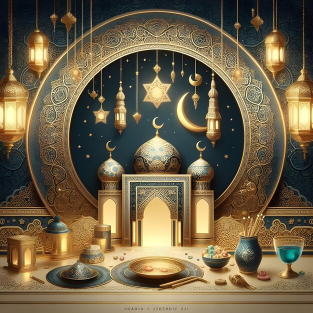 une table avec une mosquée et une mosquée avec un fond bleu