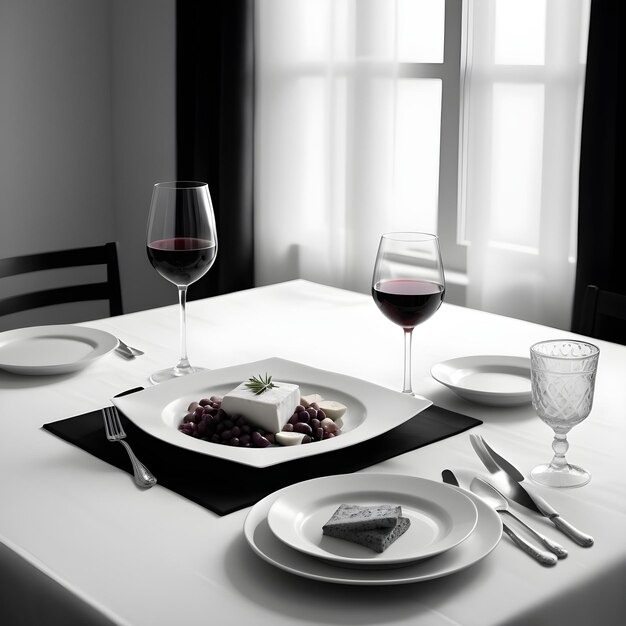 une table avec une nappe blanche et deux verres de vin et une assiette de fromage et un couteau