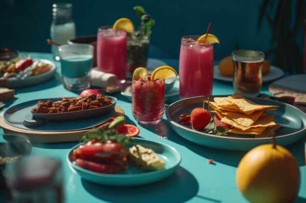 Une table avec une nappe bleue et une assiette de nourriture avec une boisson dessus.