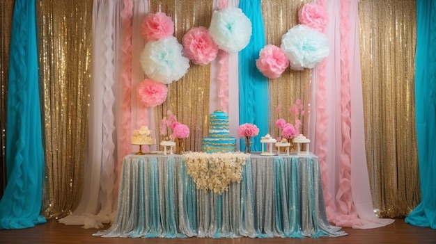 Une table avec une nappe bleue et rose et des cupcakes.