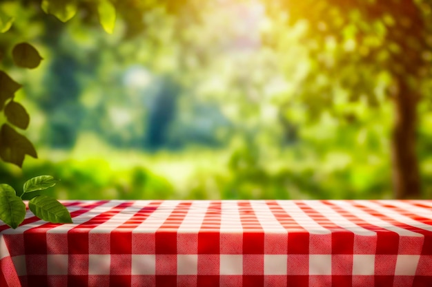 Table avec nappe à carreaux rouge et blanc devant un arrière-plan flou AI générative