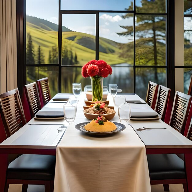 Une table avec une nappe et une fleur dessus