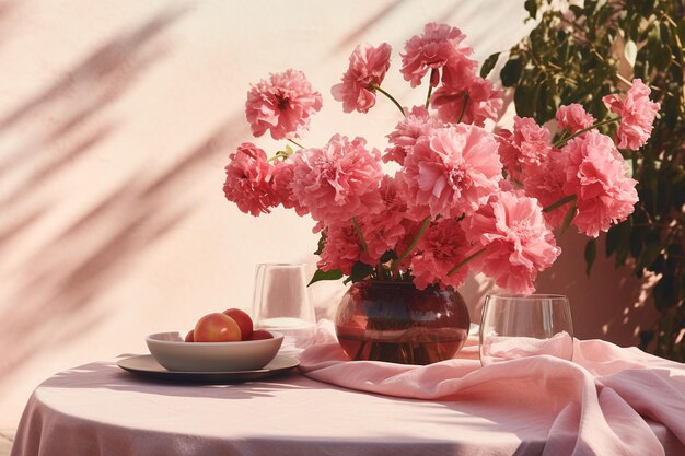 Photo une table avec une nappe rose et un vase de fleurs