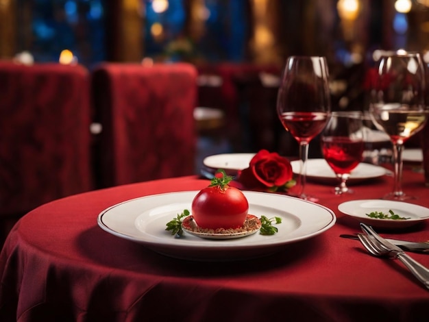une table avec une nappe rouge et une tomate dessus