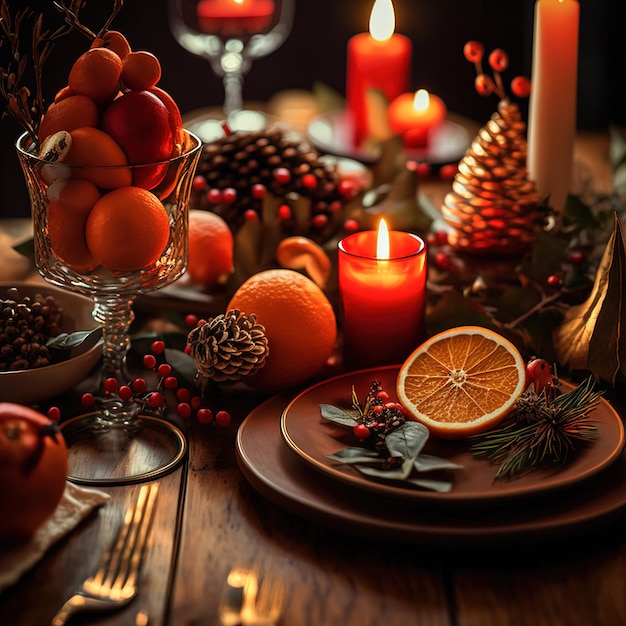 Une table de noël avec une bougie et une bougie