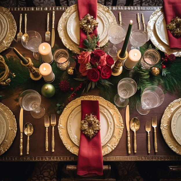 Table de Noël décorée d'une table de dîner formelle élégante table de décor avec décoration de fête pour une fête, un événement, une célébration générative.