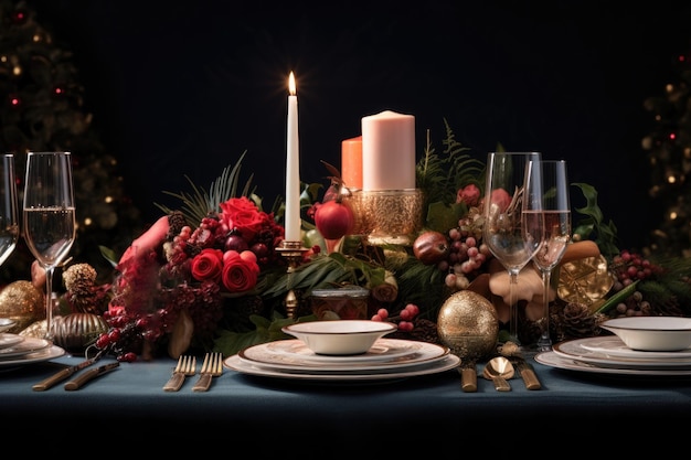 Table de Noël festive pour la fête Arbre de Noël sombre et luxueux sur fond