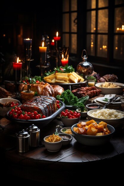 Table de Noël avec nourriture atmosphère de vacances Vue supérieure IA générative