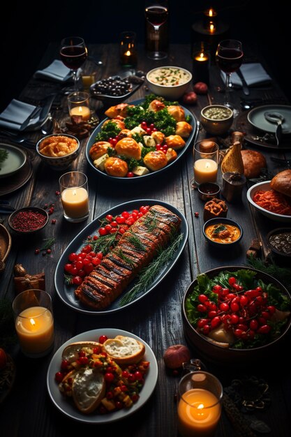 Table de Noël avec nourriture atmosphère de vacances Vue supérieure IA générative