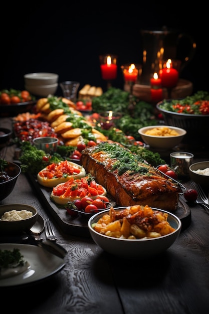 Table de Noël avec nourriture atmosphère de vacances Vue supérieure IA générative