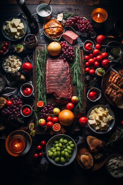 Table de Noël avec nourriture atmosphère de vacances Vue supérieure IA générative