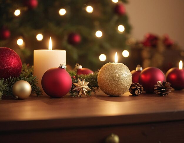 Table de Noël avec des ornements des boules et des bougies