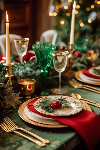 Table de Noël scape table de dîner formelle élégante tablescape avec décoration de vacances pour la célébration de l'événement de fête générative ai