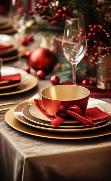 Table de Noël avec vaisselle de Noël dorée et rouge