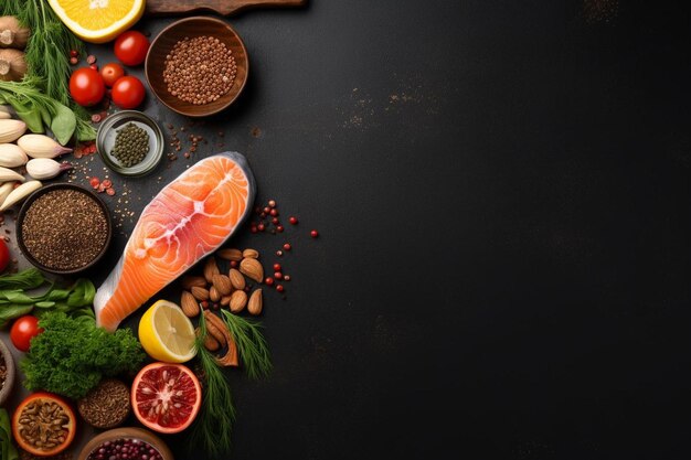 Photo une table noire avec divers aliments comprenant une variété d'ingrédients comprenant une diversité d' ingrédients