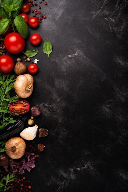 une table noire surmontée de nombreux types de légumes