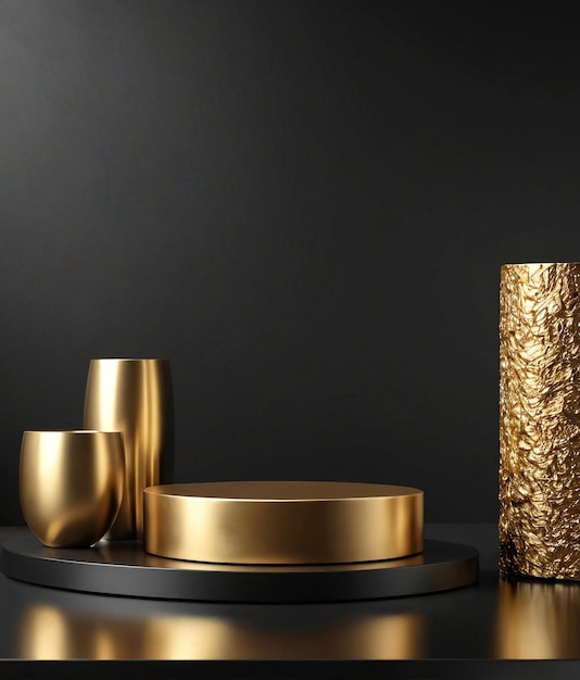 une table noire avec des vases en or et un dessus de table noir