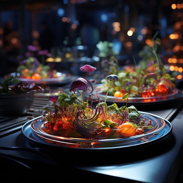 Une table avec de nombreuses assiettes de nourriture, y compris des légumes et des fleurs.