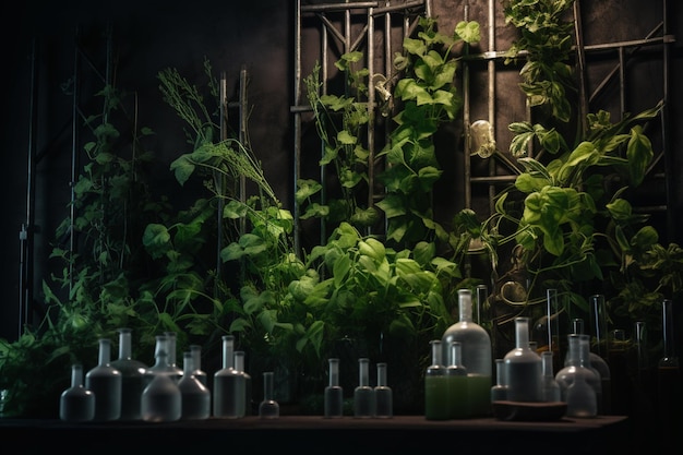 Une table avec de nombreuses bouteilles et bouteilles de plantes et un mur de plantes.