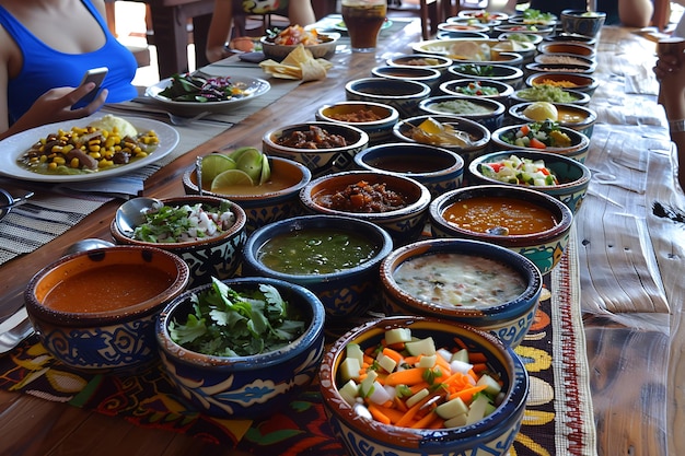 une table avec de nombreux bols de nourriture, y compris de la soupe au riz et des légumes