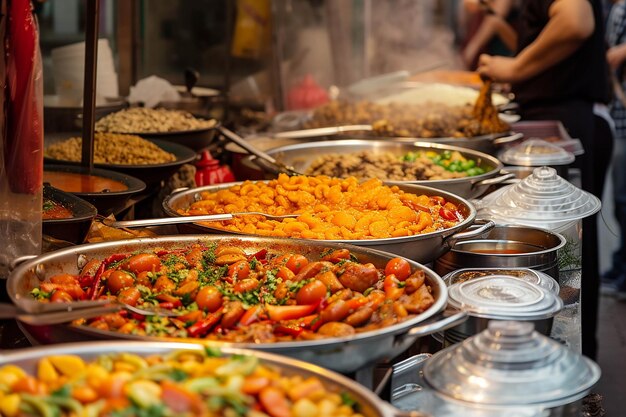 une table avec de nombreux plats, y compris du riz, du riz et d'autres aliments