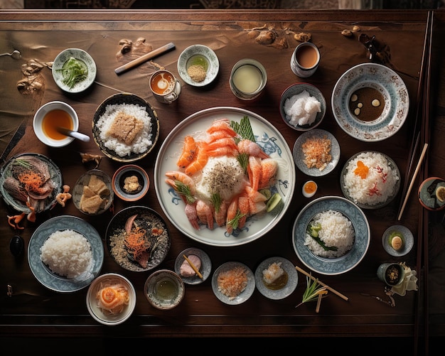 une table avec de nombreux plats, y compris du riz, du riz et du riz.