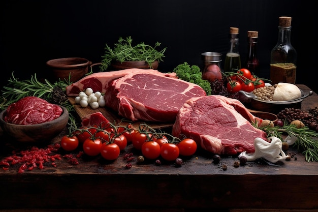 Une table avec de nombreux types de viandes et de légumes.