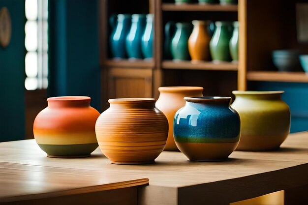 Une table avec de nombreux vases dessus et l'un d'entre eux porte une bande arc-en-ciel.