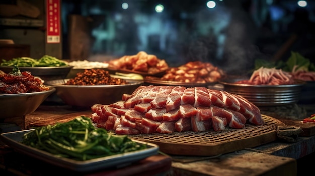 Une table de nourriture avec une assiette de porc et de haricots verts dessus