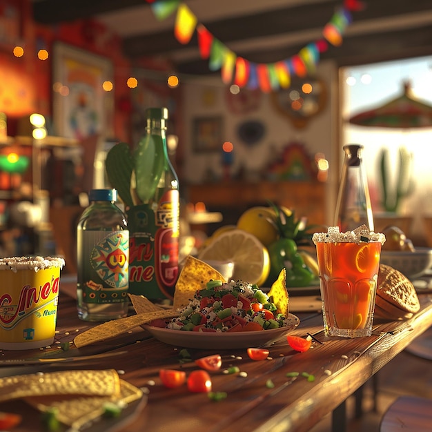 Photo une table avec de la nourriture et des boissons et une bouteille de jus