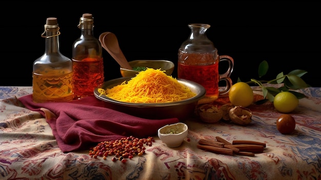 Une table avec de la nourriture et des boissons dessus