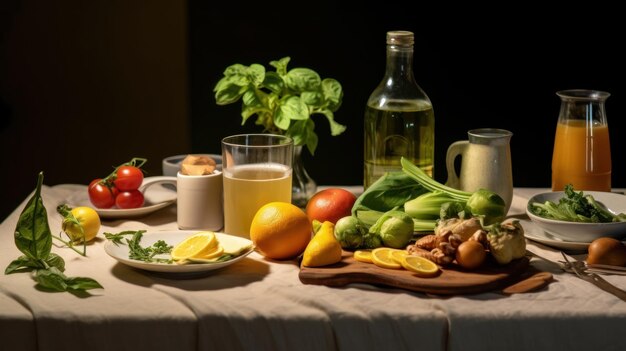 Une table avec de la nourriture et des boissons dessus