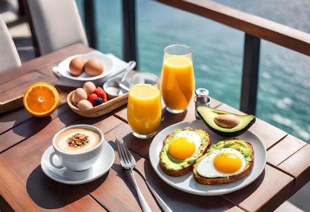 une table avec de la nourriture et des boissons pour le petit déjeuner, y compris des œufs, de l'avocat, de lavocat et du jus d'orange