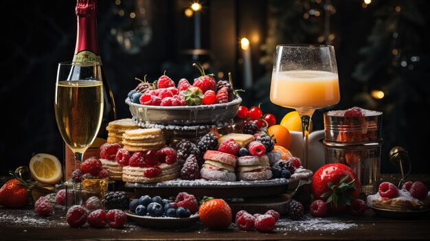 une table avec de la nourriture et des boissons