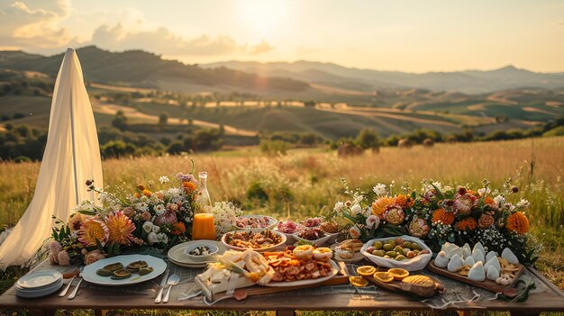 une table avec de la nourriture et une bouteille de jus dessus