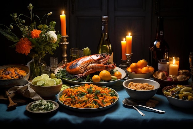 Une table avec de la nourriture et une bouteille de vin et une bouteille de vin.