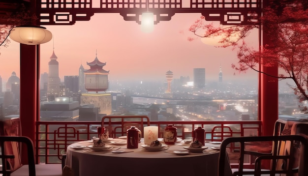 Une table avec de la nourriture chinoise et une vue sur la ville