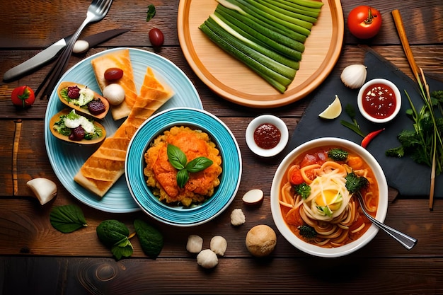 une table de nourriture comprenant une assiette de nourriture avec une fourchette et une assiete de nourriture.