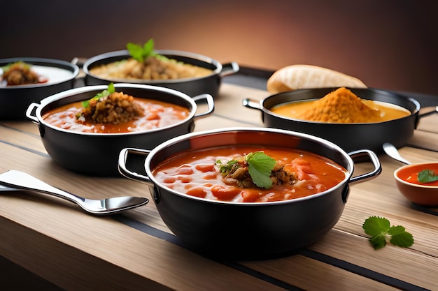 Une table de nourriture comprenant un bol de soupe à la tomate.