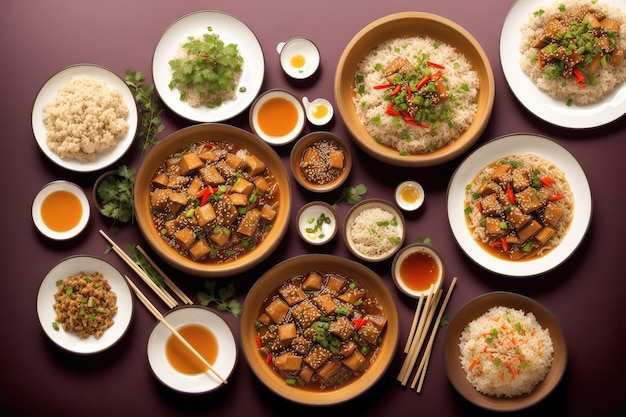 Une table de nourriture comprenant du tofu et du riz